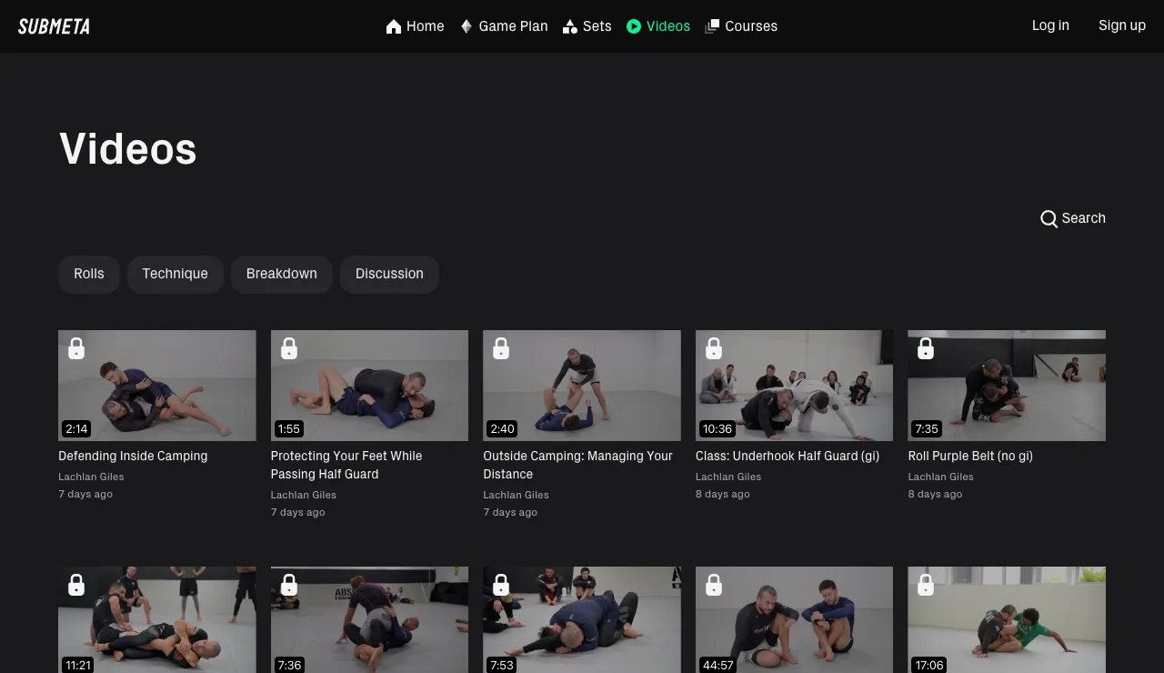Submeta の動画一覧。数日おきにクラス、スパー、解説が増えていく