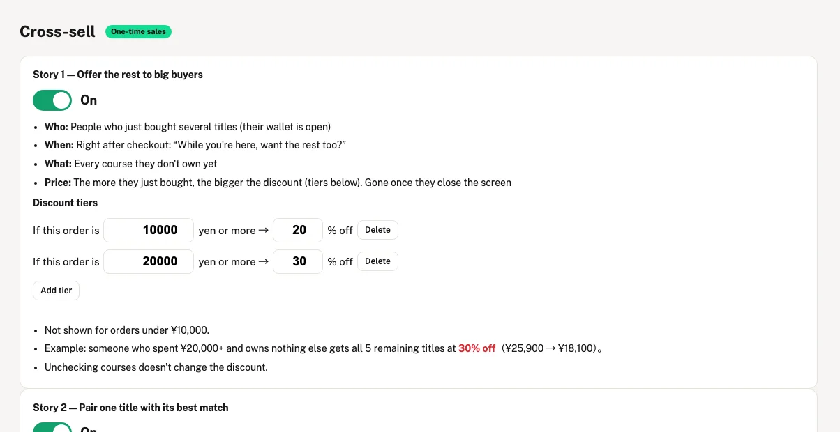 Cross-sell settings: offers for multi-title buyers and single-title buyers