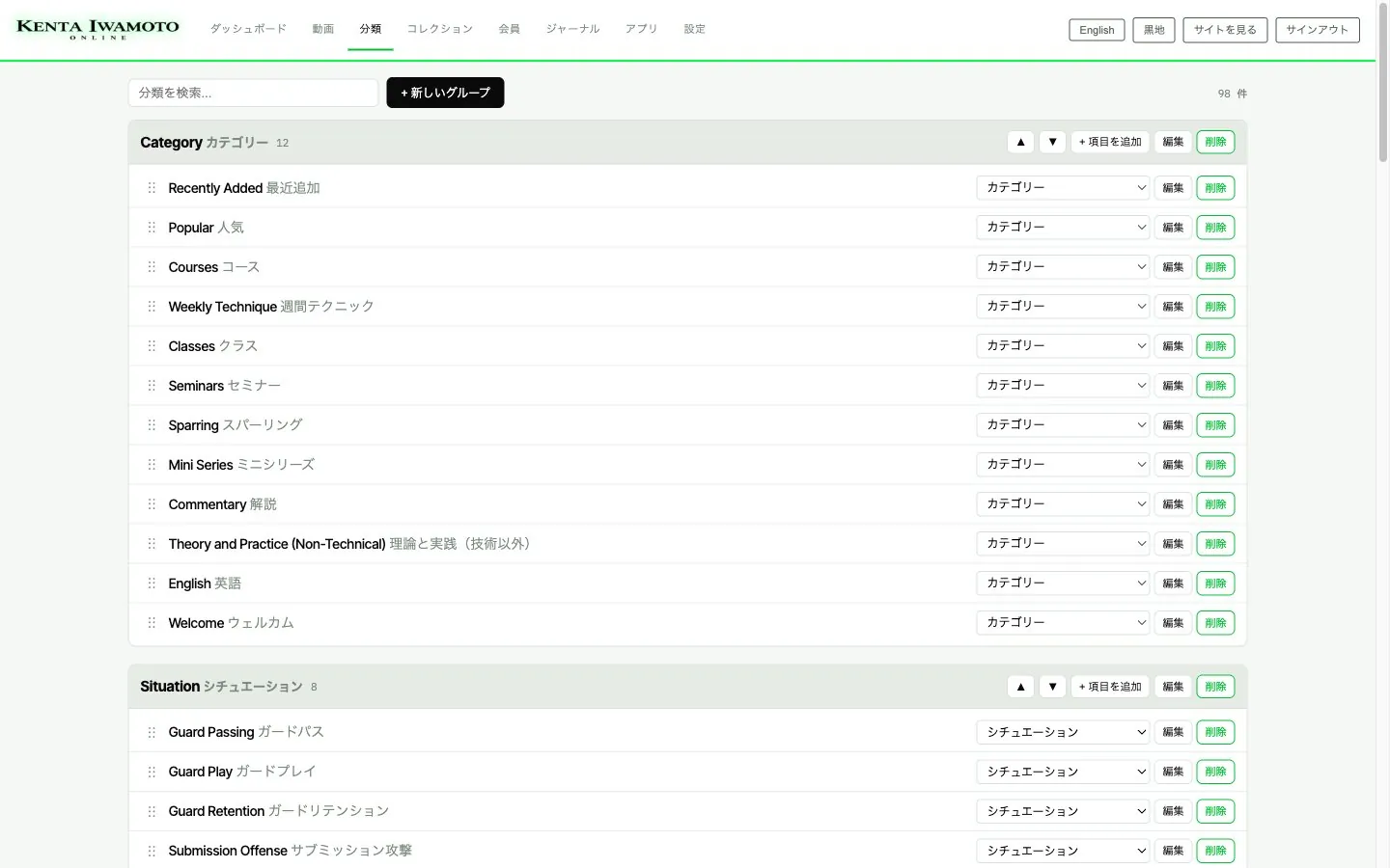 kentaiwamoto.com の管理画面。分類のグループを編集している