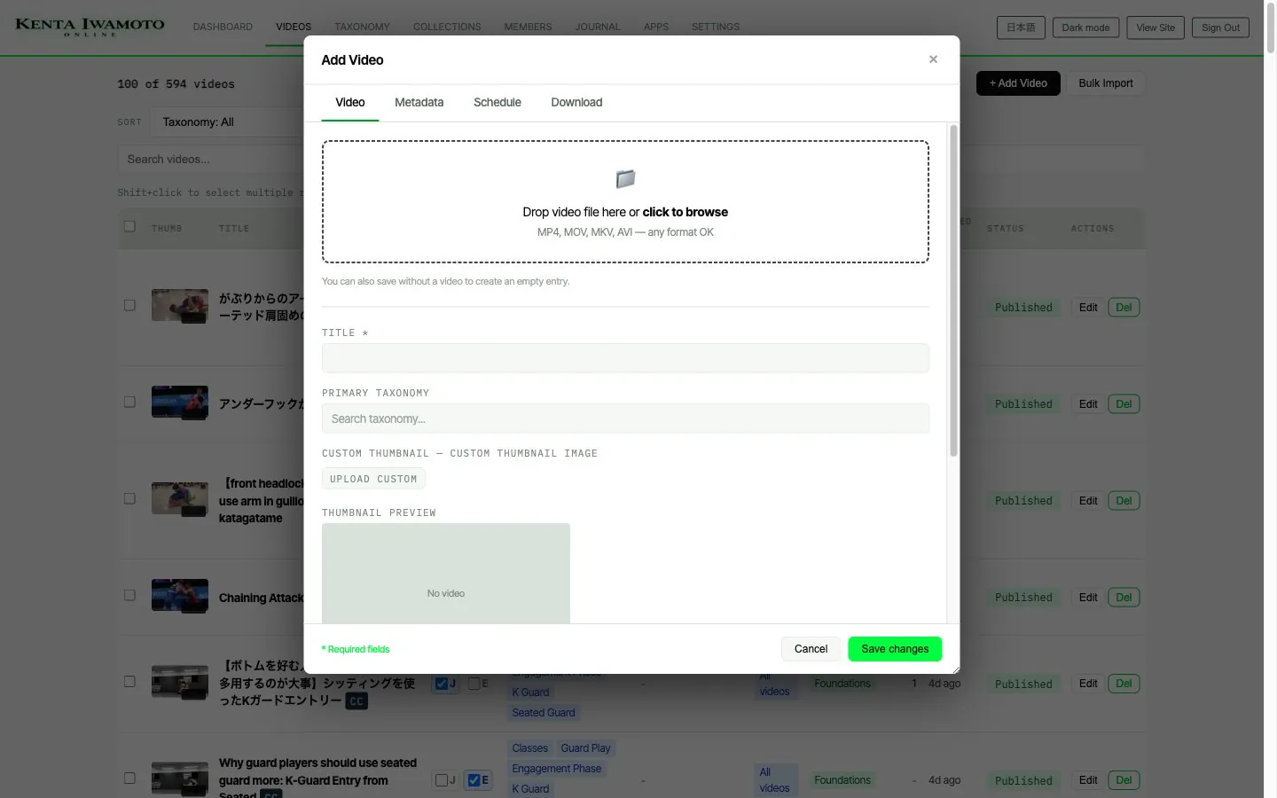 The kentaiwamoto.com admin: the Add Video dialog