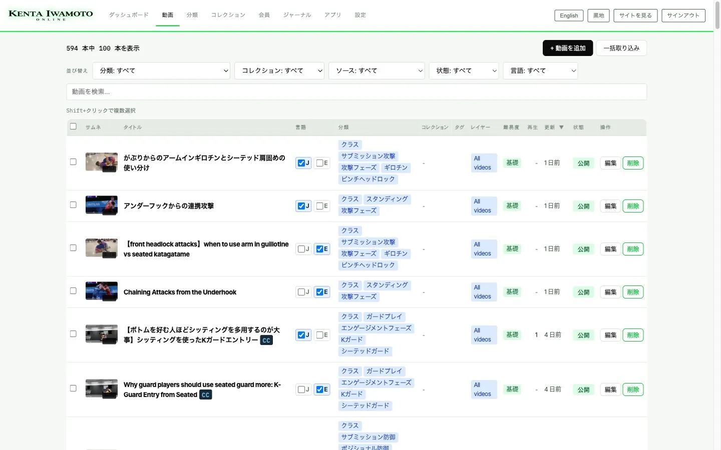 kentaiwamoto.com の管理画面。動画ごとに分類・プラン・公開状態が並ぶ一覧