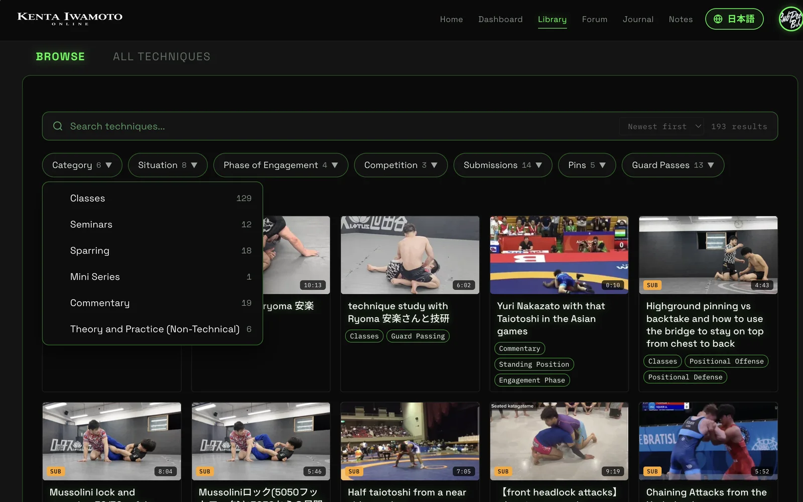 The kentaiwamoto.com library — search, with filters by category, situation, phase and more, each showing how many videos it holds