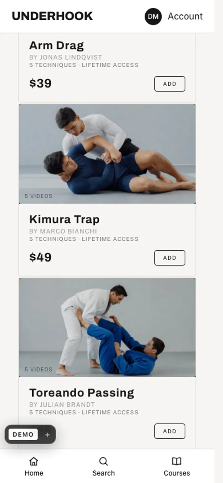 A course store on its own site: six courses with prices and buy buttons