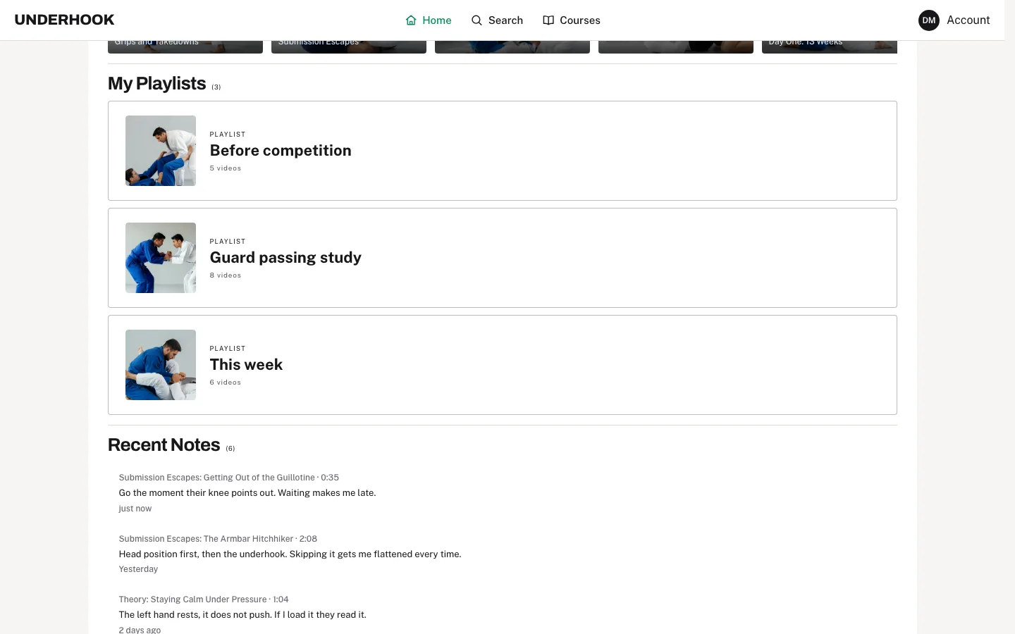 A member’s dashboard with three playlists: Before competition, Guard passing study, This week