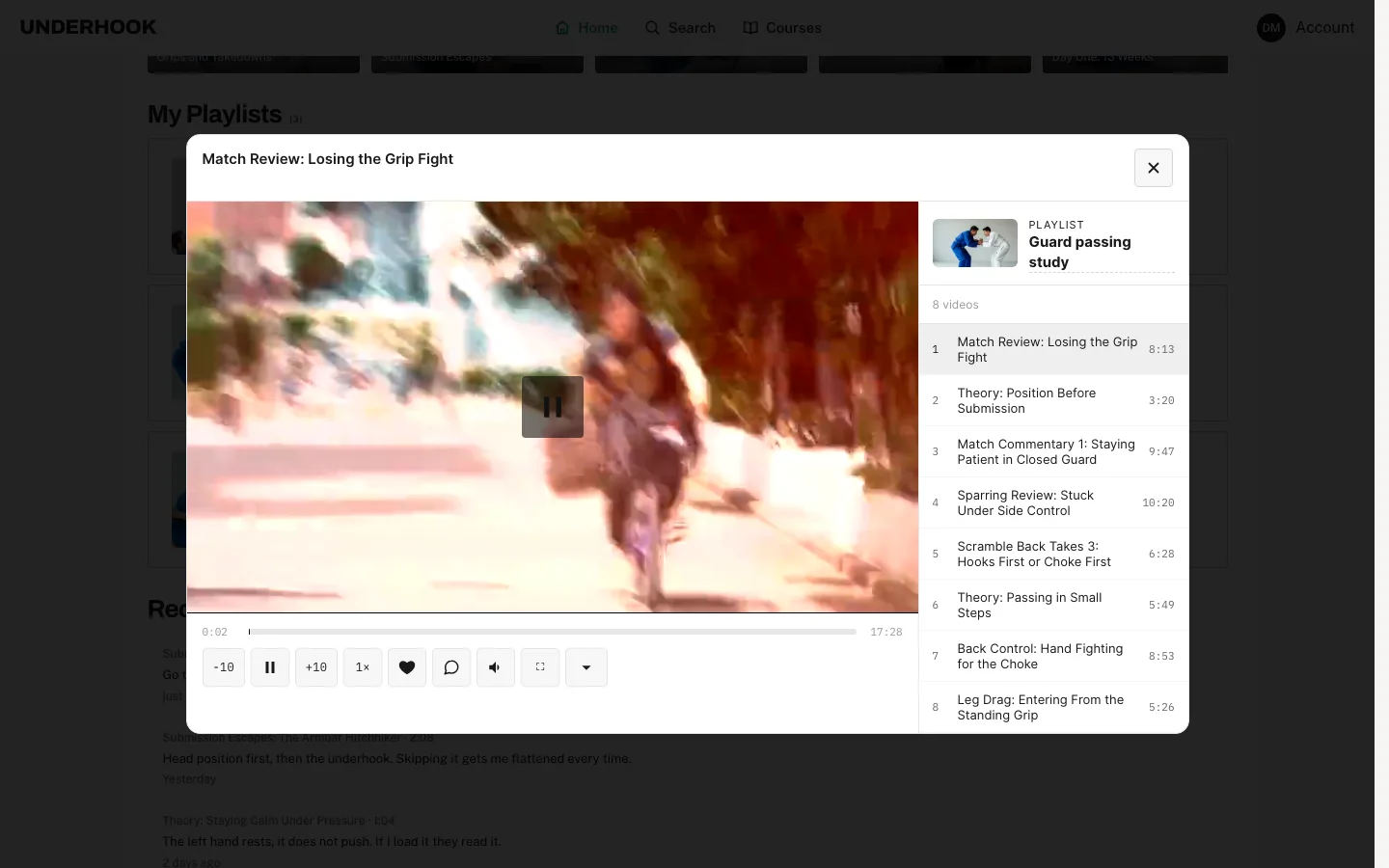 The playlist player: the video on the left, the eight videos of the playlist in order on the right