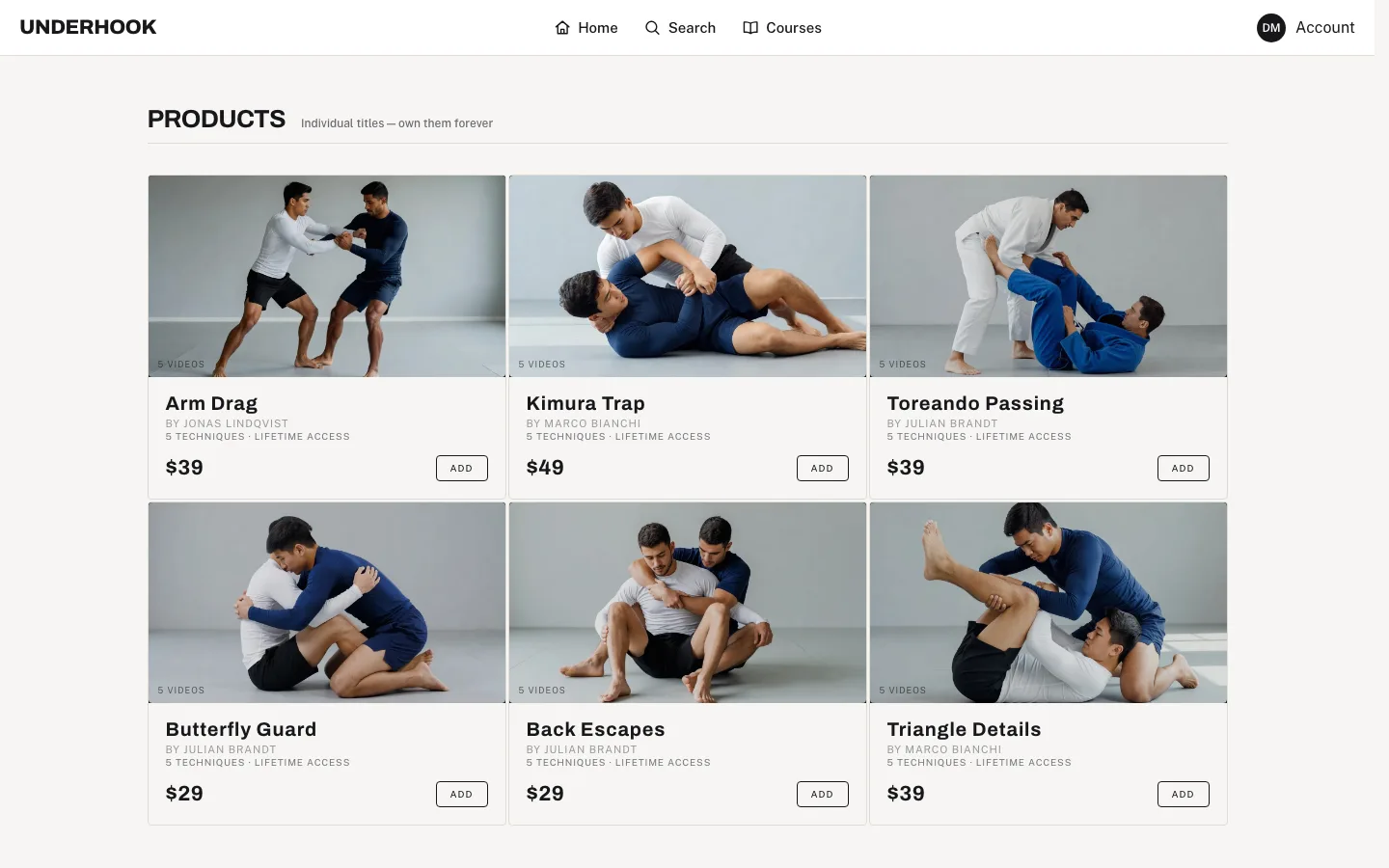 The shop of the demo site: six courses sold one by one, from $29 to $49