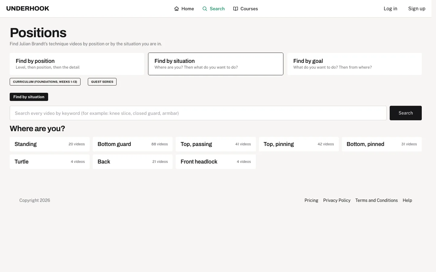 Find by situation: eight places to be, from standing to front headlock, each with its number of videos