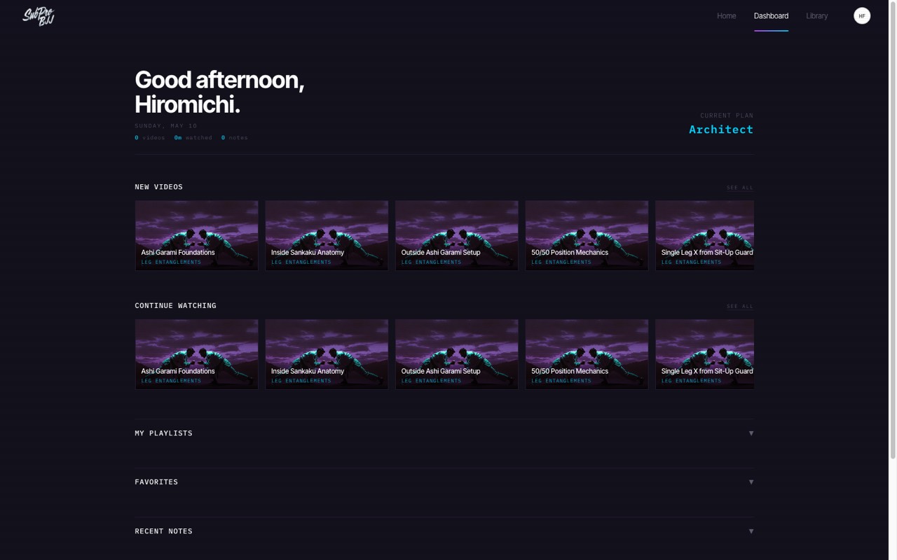 After Dark dashboard — continue watching, streaks, recent notes