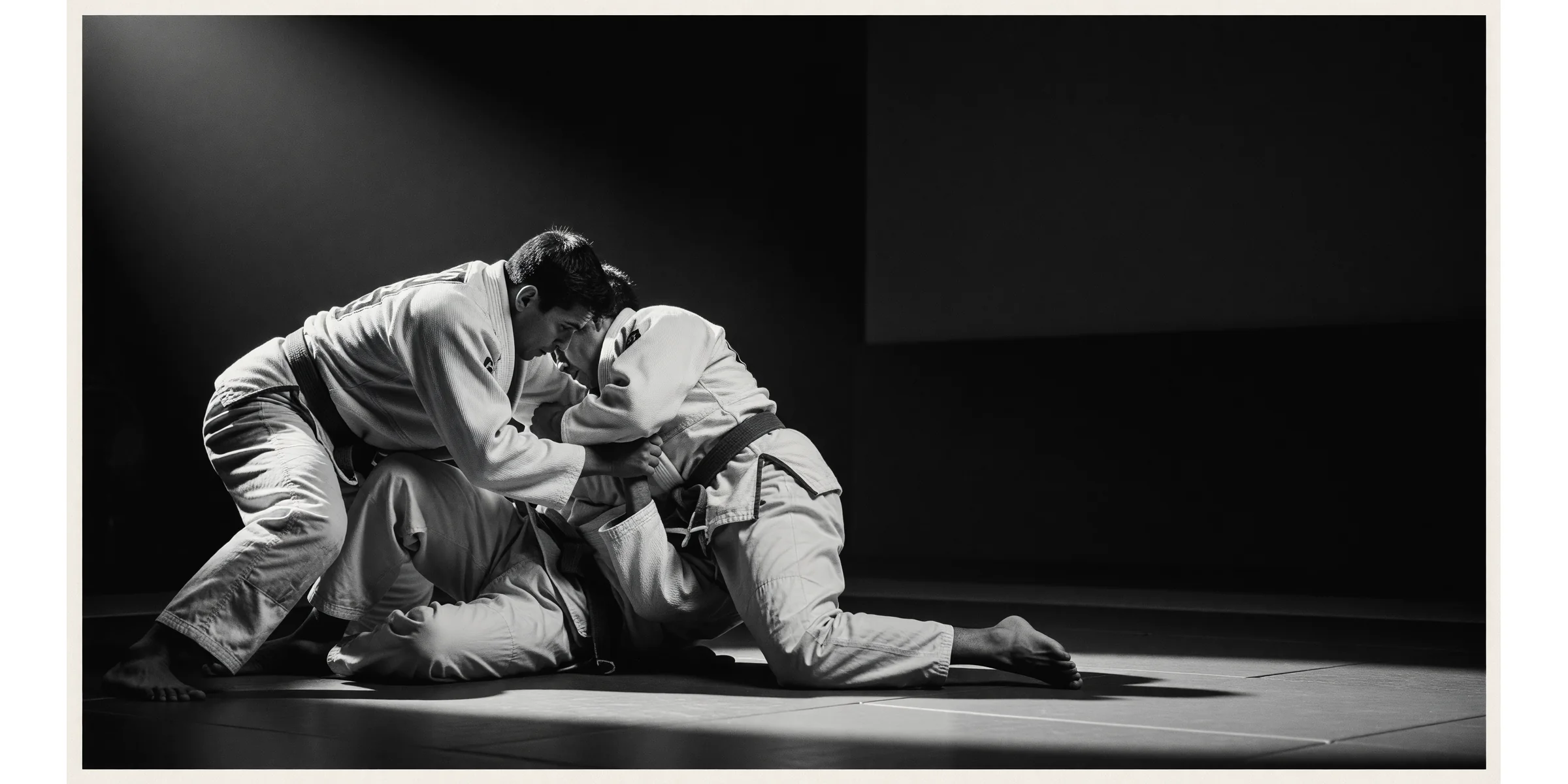 Two jiu-jitsu grapplers in close contact, black and white editorial photograph