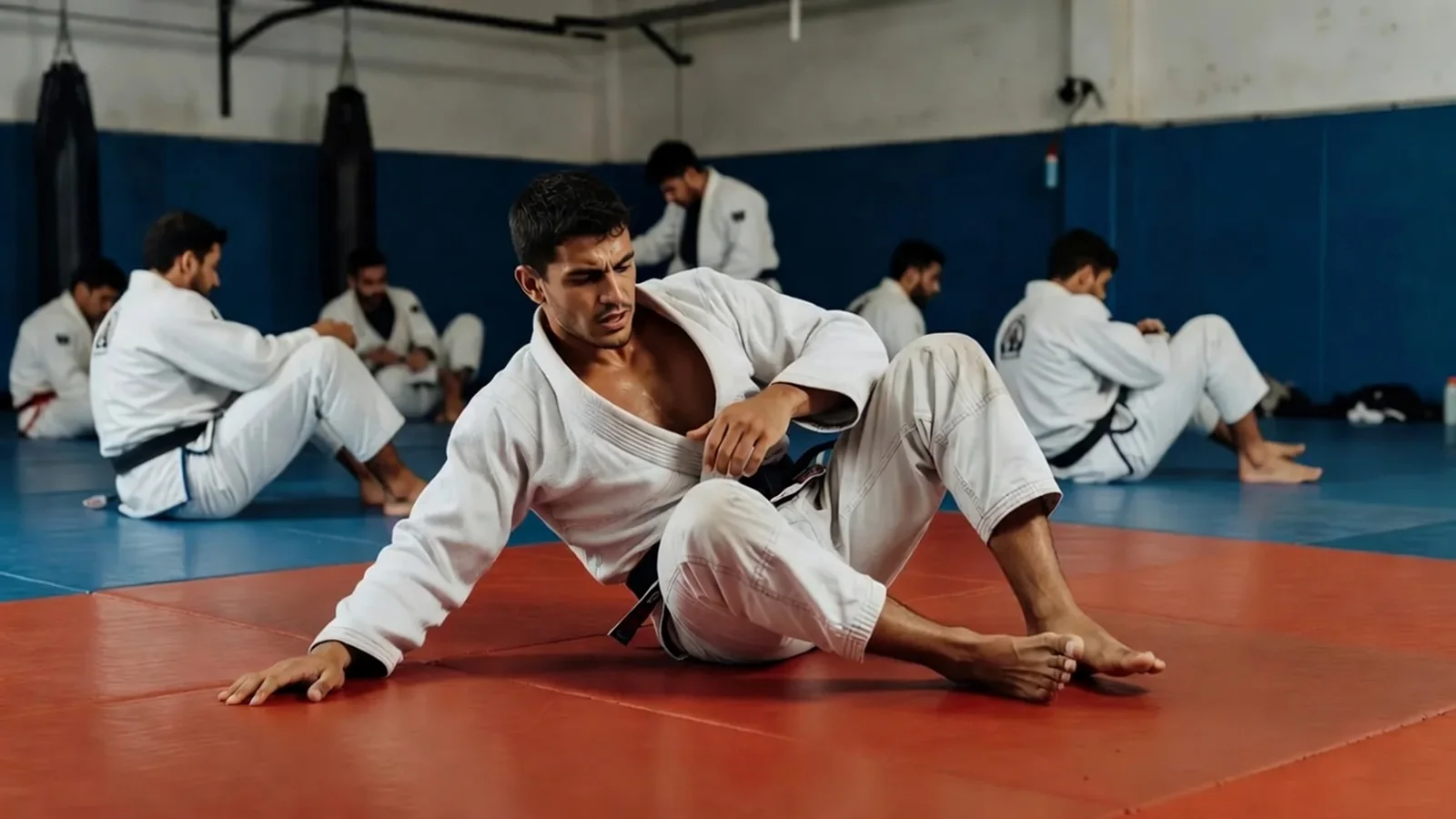 A beginner drilling fundamental solo movement and breakfalls on the mats inside a real jiu-jitsu gym, natural light