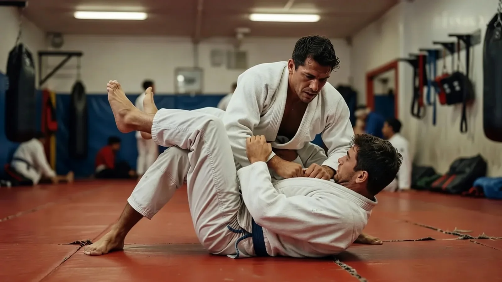 A grappler playing guard from the bottom, controlling the partner with legs and grips on the mats, natural gym light