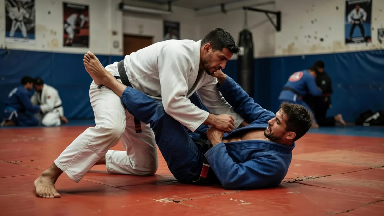 A grappler passing the guard and establishing heavy top pressure over the partner on the mats, natural gym light