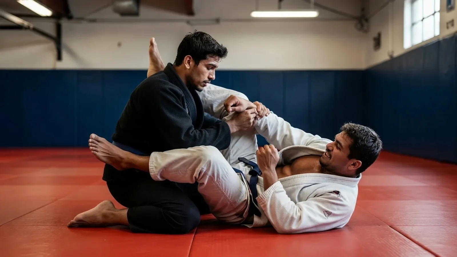 A grappler securing a submission finish, an armbar or choke locked in on the mats, natural gym light
